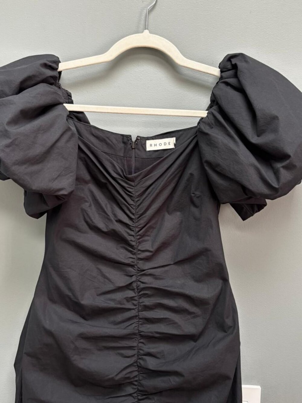 RHODE Tessa Black Poplin Midi Dress Puff Sleeves